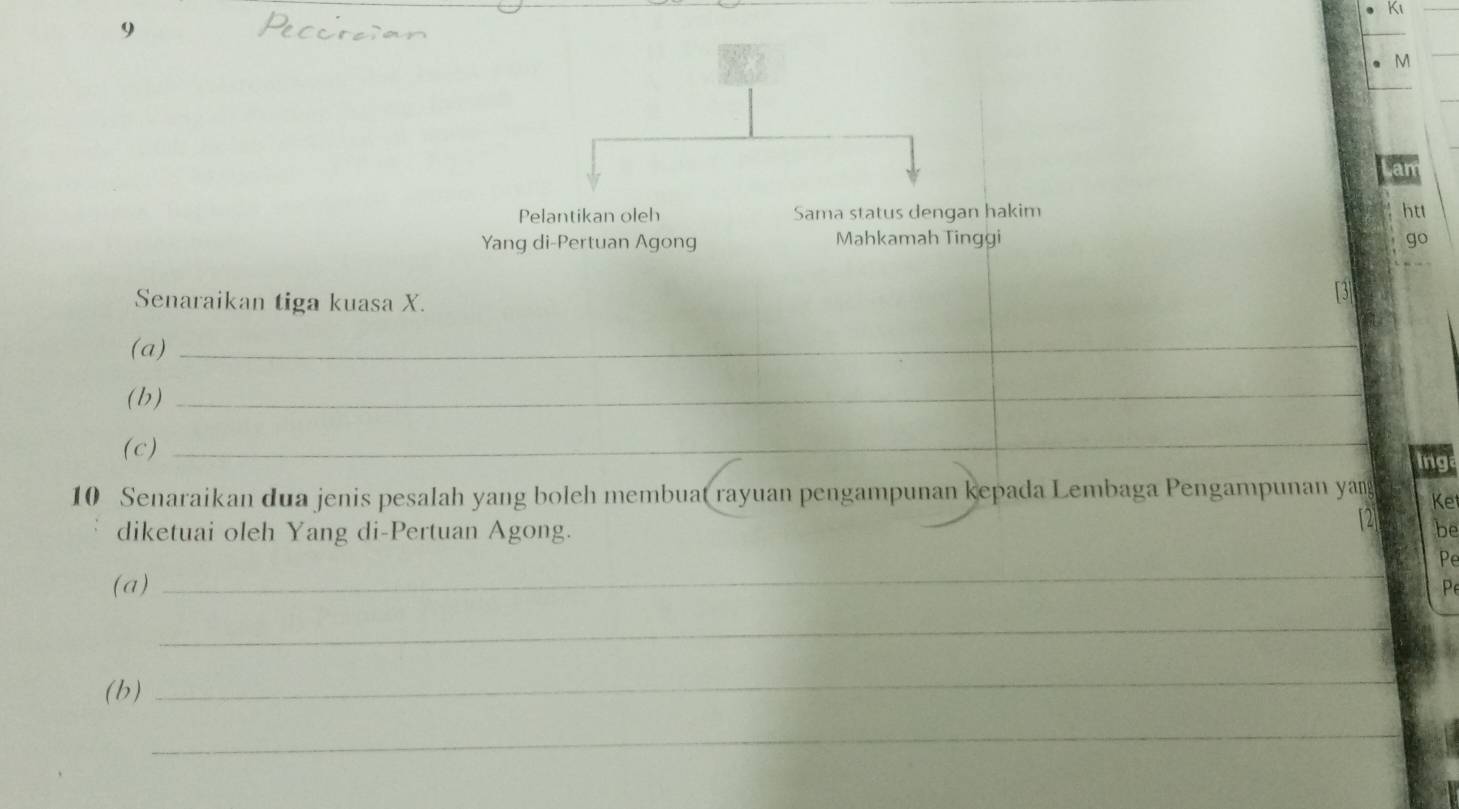 9
M
an 
Pelantikan oleh Sama status dengan hakim htt 
Yang di-Pertuan Agong Mahkamah Tinggi go 
Senaraikan tiga kuasa X. 
[3] 
(a)_ 
(b)_ 
(c)_ 
ing 
10 Senaraikan dua jenis pesalah yang boleh membuat rayuan pengampunan kepada Lembaga Pengampunan yan Ke 
[2] 
diketuai oleh Yang di-Pertuan Agong. be 
Pe 
(a) 
_ 
P 
_ 
(b) 
_ 
_