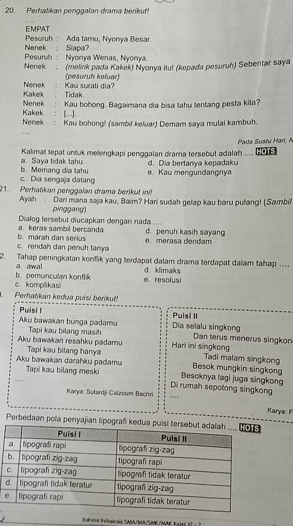 Perhatikan penggalan drama berikut!
EMPAT
Pesuruh : Ada tamu, Nyonya Besar.
Nenek : Siapa?
Pesuruh : Nyonya Wenas, Nyonya.
Nenek (melink pada Kakek) Nyonya itul (kepada pesuruh) Sebentar saya
(pesuruh keluar)
Nenek ： Kau surati dia?
Kakek Tidak.
Nenek Kau bohong. Bagaimana dia bisa tahu tentang pesta kita?
Kakek [...].
Nenek : Kau bohong! (sambil keluar) Demam saya mulai kambuh.
Pada Suatu Hari, A
Kalimat tepat untuk melengkapi penggalan drama tersebut adalah .... HOTS
a. Saya tidak tahu d. Dia bertanya kepadaku
b. Memang dia tahu e. Kau mengundangnya
c. Dia sengaja datang
21. Perhatikan penggalan drama berikut ini!
Ayah : Dari mana saja kau, Baim? Hari sudah gelap kau baru pulang! (Sambil
pinggang)
Dialog tersebut diucapkan dengan nada ....
a. keras sambil bercanda d. penuh kasih sayang
b. marah dan serius e merasa dendam
c. rendah dan penuh tanya
2. Tahap peningkatan konflik yang terdapat dalam drama terdapat dalam tahap …
a. awal d. klimaks
b.pemunculan konflik e. resolusi
c. komplikasi
Perhatikan kedua puisi berikut!
Puisi I Puisi II
Aku bawakan bunga padamu Dia selalu singkong
Tapi kau bilang masih Dan terus menerus singkon
Aku bawakan resahku padamu Hari ini singkong
Tapi kau bilang hanya Tadi malam singkong
Aku bawakan darahku padamu Besok mungkin singkong
Tapi kau bilang meski Besoknya lagi juga singkong
Di rumah sepotong singkong
Karya: Sutardji Calzoum Bachri …
Karya: F
Perbedaan pola penyajian tipografi kedua pui
Bahasa Indopesia SMA/MA/SMK/MK ria  K