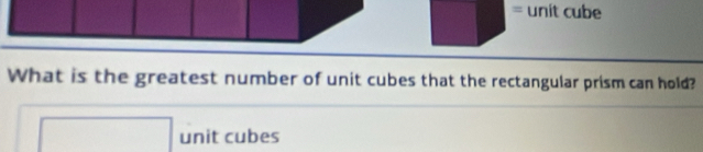 = unit cube 
What is the greatest number of unit cubes that the rectangular prism can hold? 
unit cubes