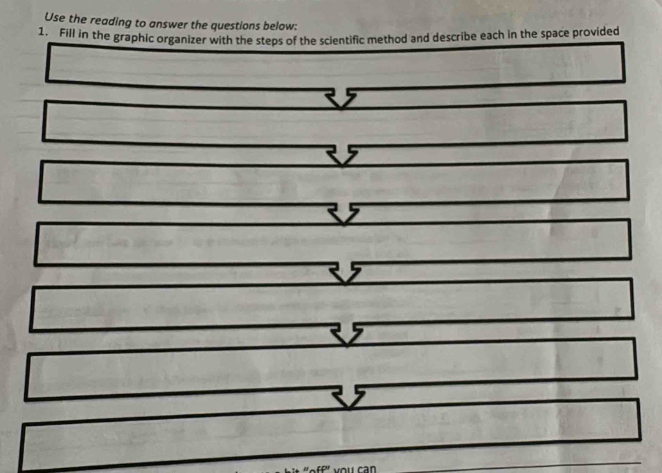 Use the reading to answer the questions below: 
1. Fill in the graphic organizer with the steps of the scientific method and describe each in the space provided 
ff^' vou can