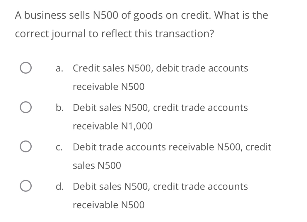 A business sells N500 of goods on credit. What is the
correct journal to reflect this transaction?
a. Credit sales N500, debit trade accounts
receivable N500
b. Debit sales N500, credit trade accounts
receivable N1,000
c. Debit trade accounts receivable N500, credit
sales N500
d. Debit sales N500, credit trade accounts
receivable N500