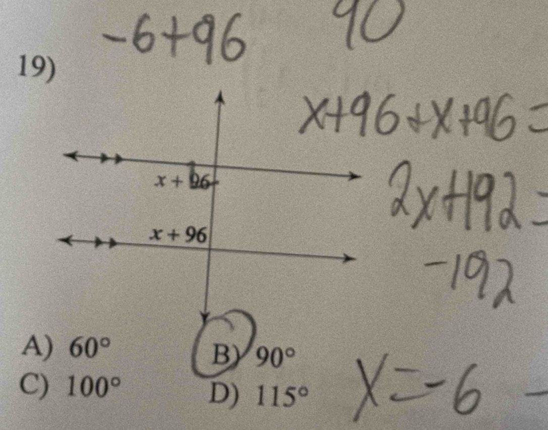 A) 60°
B) 90°
C) 100°
D) 115°