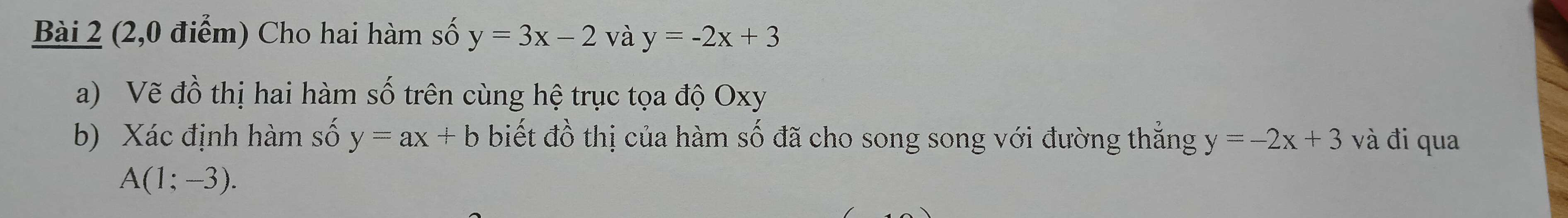 (2,0 điểm) Cho hai hàm số y=3x-2 và y=-2x+3
a) Vẽ đồ thị hai hàm số trên cùng hệ trục tọa độ Oxy
b) Xác định hàm số y=ax+b biết đồ thị của hàm số đã cho song song với đường thẳng y=-2x+3 và đi qua
A(1;-3).