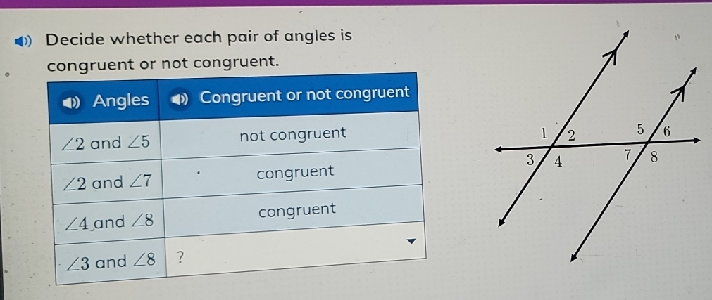 Decide whether each pair of angles is
ruent or not congruent.