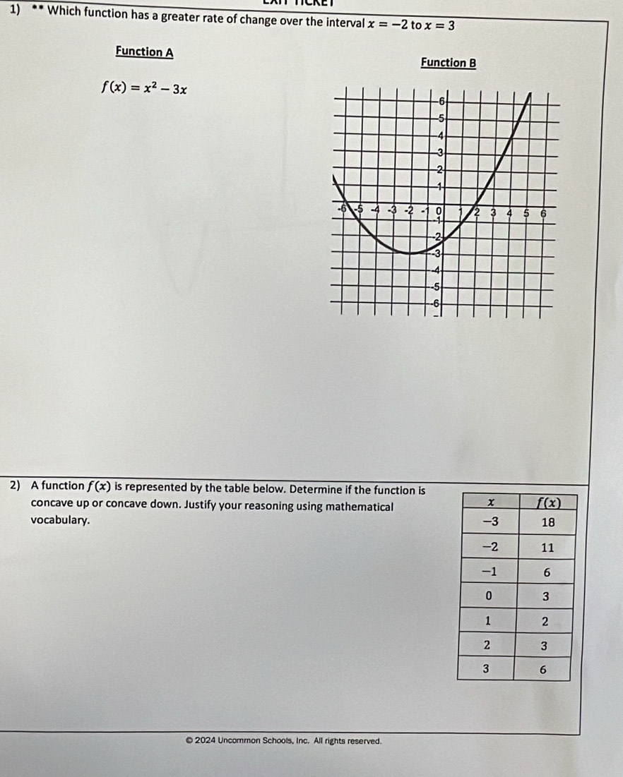 Which function has a greater rate of change over the interval x=-2 to x=3
Function A Function B
f(x)=x^2-3x
2) A function f(x) is represented by the table below. Determine if the function is
concave up or concave down. Justify your reasoning using mathematical
vocabulary. 
© 2024 Uncommon Schools, Inc. All rights reserved.