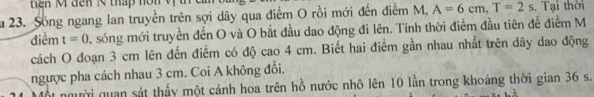 te n Mrđen 1 thap non v t 
u 23. Sóng ngang lan truyền trên sợi dây qua điểm O rồi mới đến điểm M, A=6cm, T=2s. Tại thời 
điểm t=0 0, sóng mới truyền đến O và O bắt đầu dao động đi lên. Tính thời điểm đầu tiên đề điểm M 
cách O đoạn 3 cm lên đến điểm có độ cao 4 cm. Biết hai điểm gần nhau nhất trên dây dao động 
ngược pha cách nhau 3 cm. Coi A không đổi. 
Một người quan sát thấy một cánh hoa trên hồ nước nhô lên 10 lần trong khoảng thời gian 36 s.