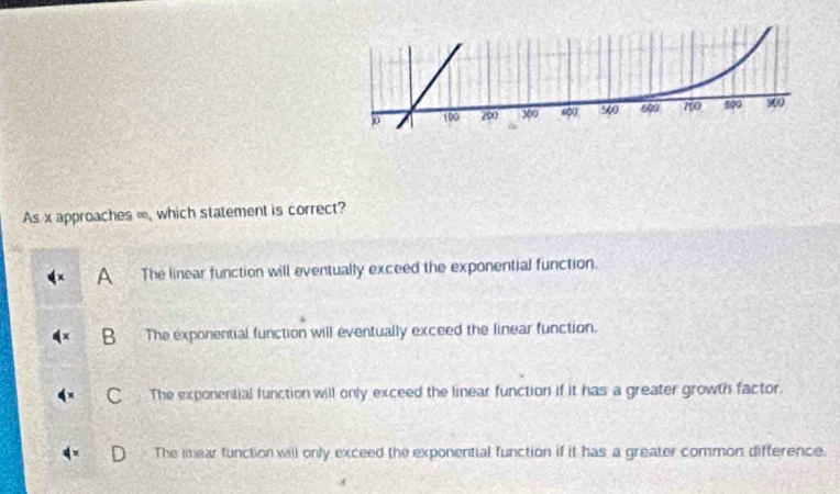 As x approaches ∞, which statement is correct?
A The linear function will eventually exceed the exponential function.
B The exponential function will eventually exceed the linear function.
C The exponential function will only exceed the linear function if it has a greater growth factor.
The imear function will only exceed the exponential function if it has a greater common difference.