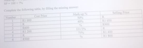 SP=100+7%
le, by filling the missing answer: