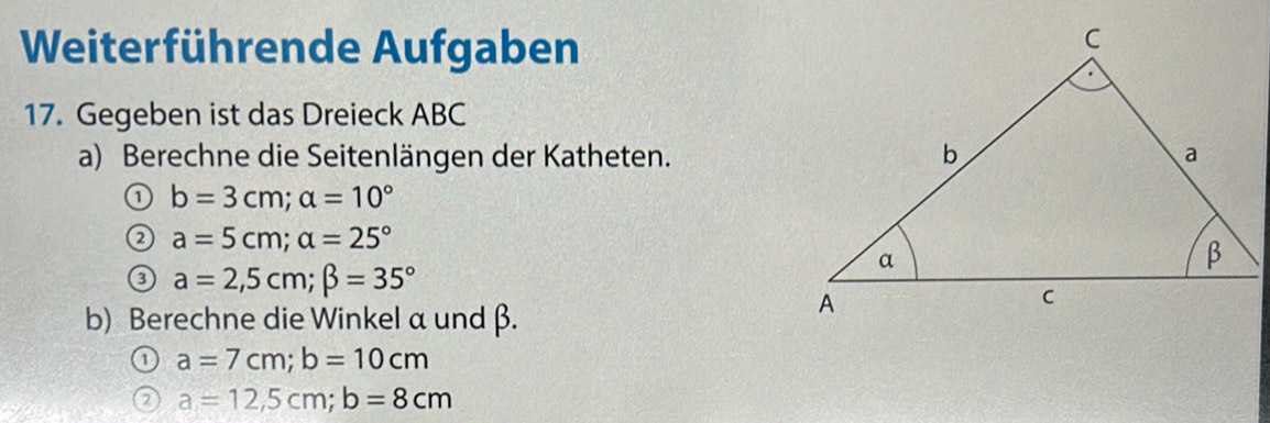 Weiterführende Aufgaben 
17. Gegeben ist das Dreieck ABC
a) Berechne die Seitenlängen der Katheten. 
① b=3cm; a=10°
② a=5cm; alpha =25°
③ a=2,5cm; beta =35°
b) Berechne die Winkel α und β. 
① a=7cm; b=10cm
② a=12,5cm; b=8cm