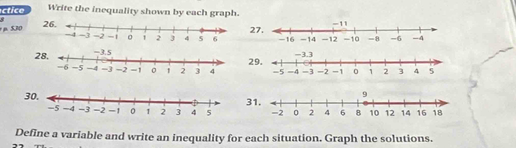 ctice Write the inequality shown by each graph. 
s 26. 
p. 5302

28. 
2 
3 
3 
Define a variable and write an inequality for each situation. Graph the solutions.