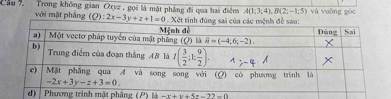 Cầu 7. Trong không gian Oxyz , gọi là mặt phẳng đi qua hai điểm A(1;3;4),B(2;-1;5) và vuông góc
với mặt phẳng (Q): 2x-3y+z+1=0 Xét tín
(P) là -x+y+5z-22=0