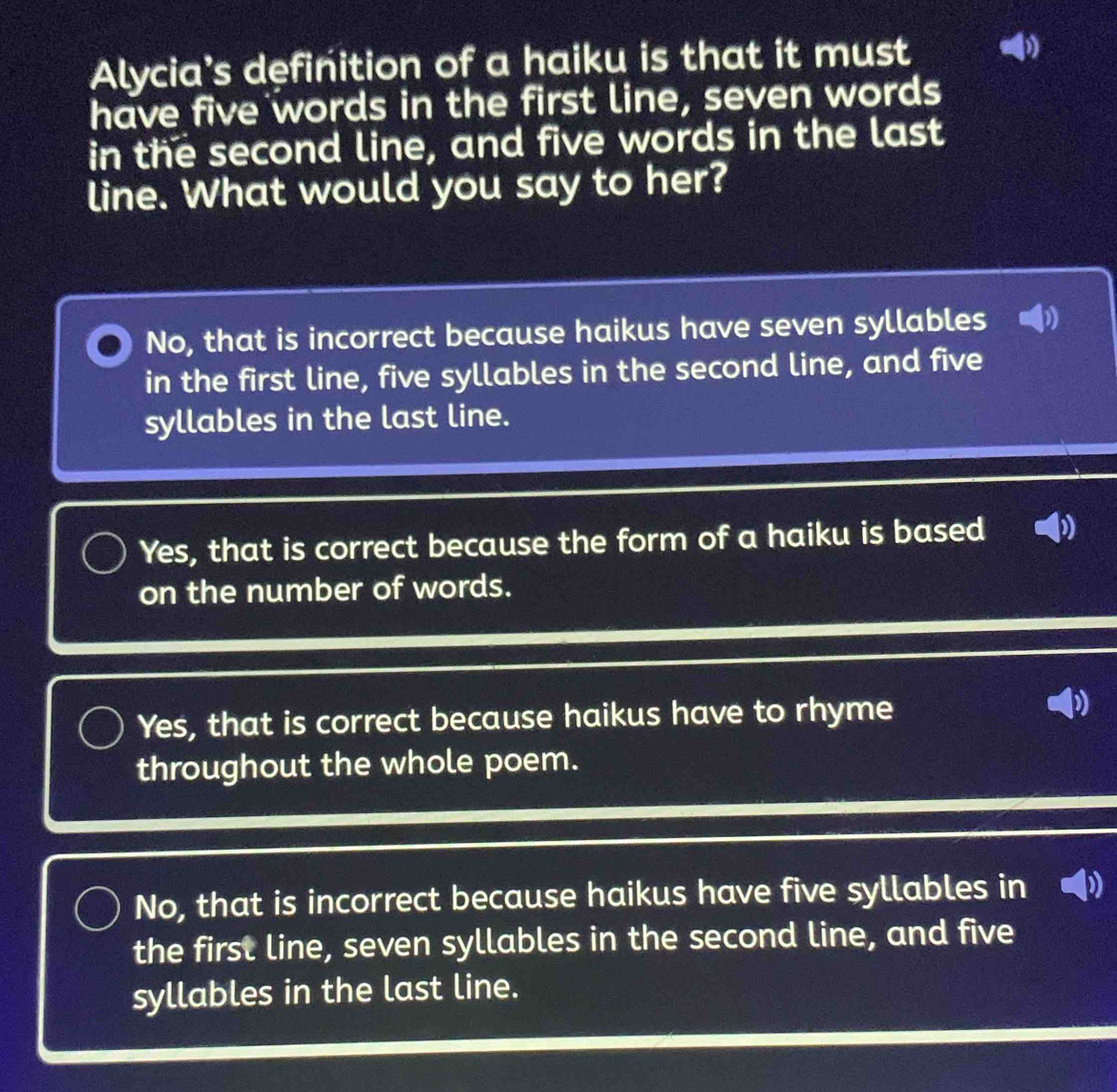 Solved: Alycia’s definition of a haiku is that it must have five words ...
