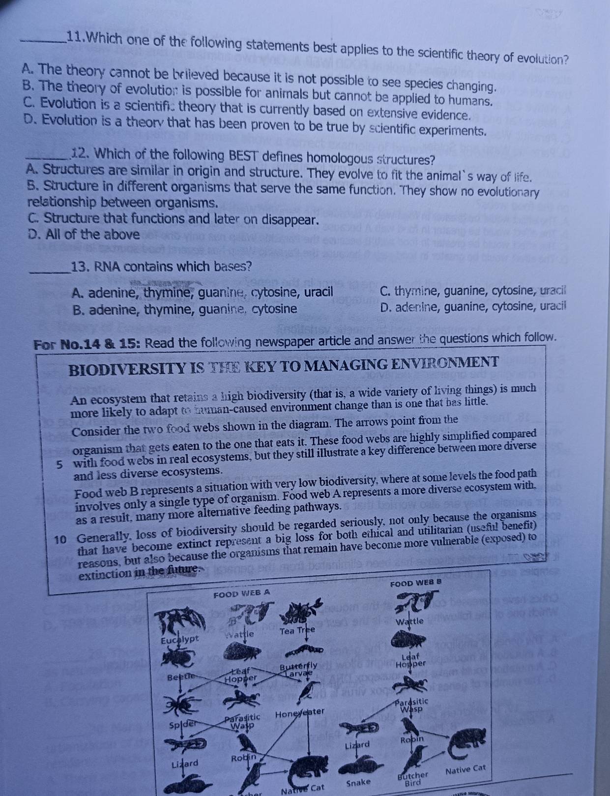 Which one of the following statements best applies to the scientific theory of evolution?
A. The theory cannot be briieved because it is not possible to see species changing.
B. The theory of evolution is possible for animals but cannot be applied to humans.
C. Evolution is a scientific theory that is currently based on extensive evidence.
D. Evolution is a theory that has been proven to be true by scientific experiments.
_12. Which of the following BEST defines homologous structures?
A. Structures are similar in origin and structure. They evolve to fit the animal`s way of life.
B. Structure in different organisms that serve the same function. They show no evolutionary
relationship between organisms.
C. Structure that functions and later on disappear.
D. All of the above
_13. RNA contains which bases?
A. adenine, thymine, guanine, cytosine, uracil C. thymine, guanine, cytosine, uracil
B. adenine, thymine, guanine, cytosine D. adenine, guanine, cytosine, uracil
For No.14 & 15: Read the following newspaper article and answer the questions which follow.
BIODIVERSITY IS THE KEY TO MANAGING ENVIRONMENT
An ecosystem that retains a high biodiversity (that is, a wide variety of living things) is much
more likely to adapt to human-caused environment change than is one that bas little.
Consider the two food webs shown in the diagram. The arrows point from the
organism that gets eaten to the one that eats it. These food webs are highly simplified compared
5 with food webs in real ecosystems, but they still illustrate a key difference between more diverse
and less diverse ecosystems.
Food web B represents a situation with very low biodiversity, where at some levels the food path
involves only a single type of organism. Food web A represents a more diverse ecosystem with.
as a result, many more alternative feeding pathways.
10 Generally, loss of biodiversity should be regarded seriously, not only because the organisms
that have become extinct represent a big loss for both ethical and utilitarian (useful benefit)
reasons, but also because the organisms that remain have become more vulnerable (exposed) to
extinctio
Native Cat B