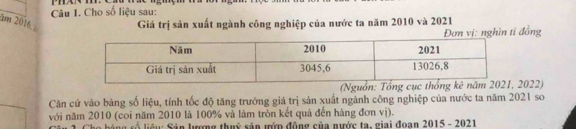 Cho số liệu sau: 
ăm 2016 Giá trị sản xuất ngành công nghiệp của nước ta năm 2010 và 2021 
Đơn vị: nghìn ti đồng 
2022) 
Căn cứ vào bảng số liệu, tính tốc độ tăng trưởng giá trị sản xuất ngành công nghiệp của nước ta năm 2021 so 
với năm 2010 (coi năm 2010 là 100% và làm tròn kết quả đến hàng đơn vị). 
Số liên: Sản lượng thuỷ sản ướp động của nước ta, giai đoan 2015 - 2021