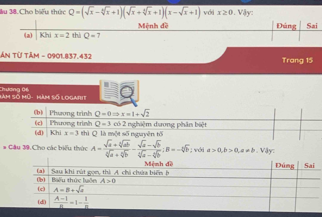 âu 38.Cho biểu thức Q=(sqrt(x)-sqrt[4](x)+1)(sqrt(x)+sqrt[4](x)+1)(x-sqrt(x)+1) với x≥ 0. Vậy:
Mệnh đề Đúng Sai
(a) Khi x=2 thì Q=7
ÁN Từ TÂM - 0901.837.432
Trang 15
Chương 06
HàM SỐ Mũ- HàM SỐ LOGARIT
(b) Phương trình Q=0Rightarrow x=1+sqrt(2)
(c) Phương trình Q=3 có 2 nghiệm dương phân biệt
(d) Khi x=3 thì Q là một số nguyên tố
# Câu 39.Cho các biểu thức A= (sqrt(a)+sqrt[4](ab))/sqrt[4](a)+sqrt[4](b) - (sqrt(a)-sqrt(b))/sqrt[4](a)-sqrt[4](b) ;B=-sqrt[4](b); với a>0,b>0,a!= b. Vậy: