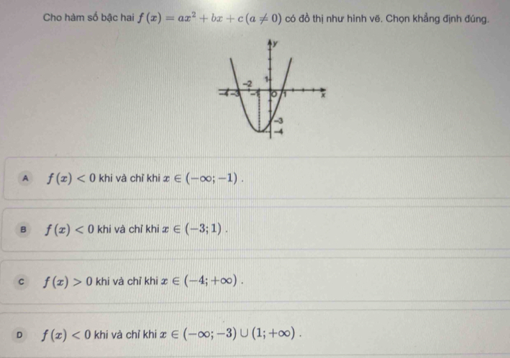 Cho hàm số bậc hai f(x)=ax^2+bx+c(a!= 0) có đồ thị như hình vẽ. Chọn khẳng định đúng.
A f(x)<0</tex> khi và chỉ khi x∈ (-∈fty ;-1).
B f(x)<0</tex> khi và chỉ khi x∈ (-3;1).
C f(x)>0 khi và chỉ khi x∈ (-4;+∈fty ).
D f(x)<0</tex> khi và chỉ khi x∈ (-∈fty ;-3)∪ (1;+∈fty ).