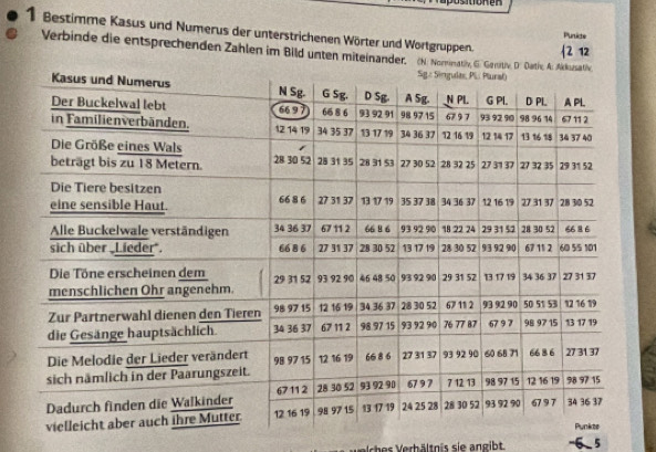 Bestimme Kasus und Numerus der unterstrichenen Wörter und Wortgruppen. 
Purticte 
Verbinde die entsprechenden Zahlen im Bild unten miteinander  2 12 
welches Verhältnis sie angibt 5