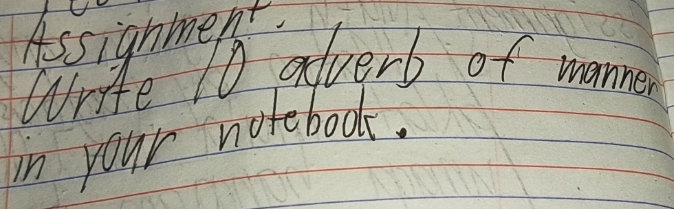 Assignment. 
Write 10 averb of manner 
in your notebook.