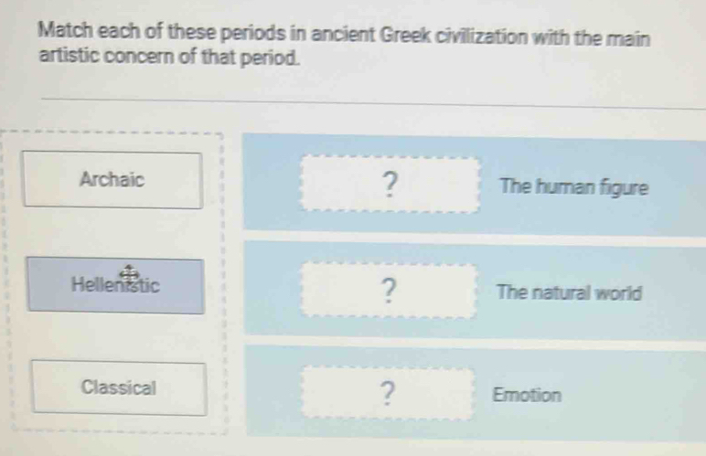 Match each of these periods in ancient Greek civilization with the main
artistic concern of that period.
?
Archaic The human figure
Hellenistic ? The natural world
Classical ? Emotion