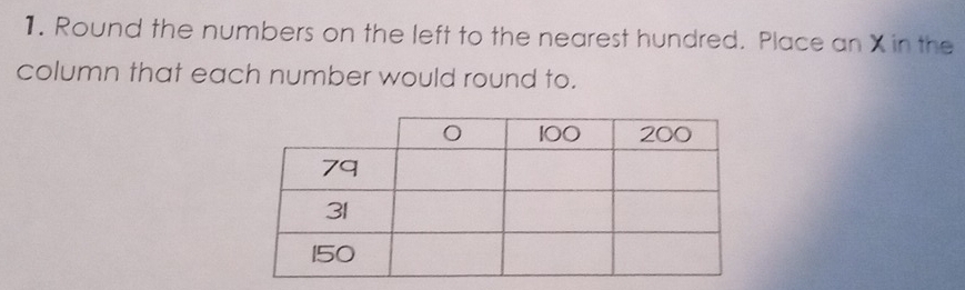 Round the numbers on the left to the nearest hundred. Place an X in the 
column that each number would round to.