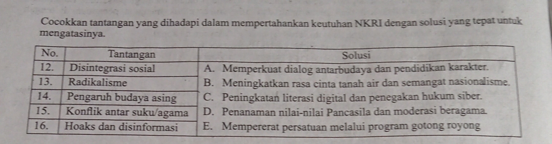 Cocokkan tantangan yang dihadapi dalam mempertahankan keutuhan NKRI dengan solusi yang tepat untuk 
mengatasinya.