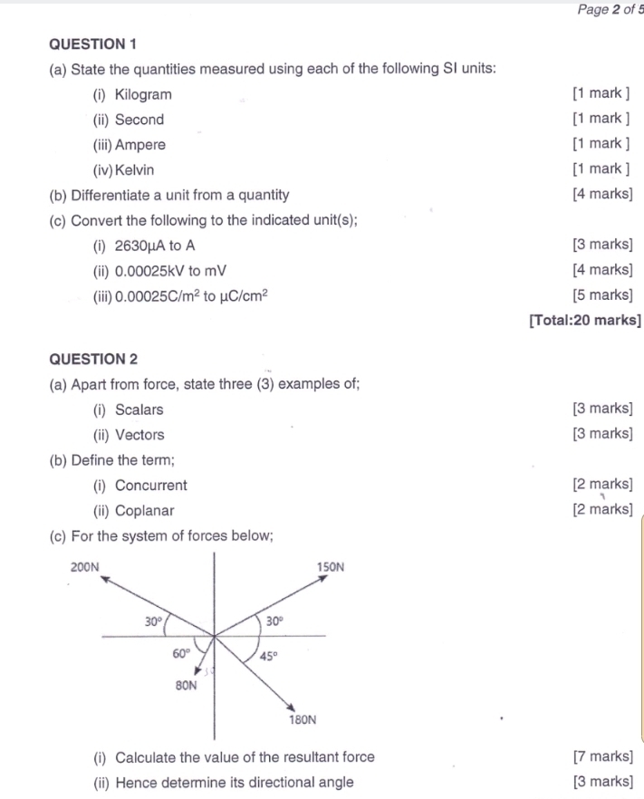 Page 2 of 5
QUESTION 1
(a) State the quantities measured using each of the following SI units:
(i) Kilogram [1 mark ]
(ii) Second [1 mark ]
(iii) Ampere [1 mark ]
(iv) Kelvin [1 mark ]
(b) Differentiate a unit from a quantity [4 marks]
(c) Convert the following to the indicated unit(s);
(i) 2630μA to A [3 marks]
(ii) 0.00025kV to mV [4 marks]
(iii) 0.00025C/m^2 to mu C/cm^2 [5 marks]
[Total:20 marks]
QUESTION 2
(a) Apart from force, state three (3) examples of;
(i) Scalars [3 marks]
(ii) Vectors [3 marks]
(b) Define the term;
(i) Concurrent [2 marks]
(ii) Coplanar [2 marks]
(c) For the system of forces below;
(i) Calculate the value of the resultant force [7 marks]
(ii) Hence determine its directional angle [3 marks]