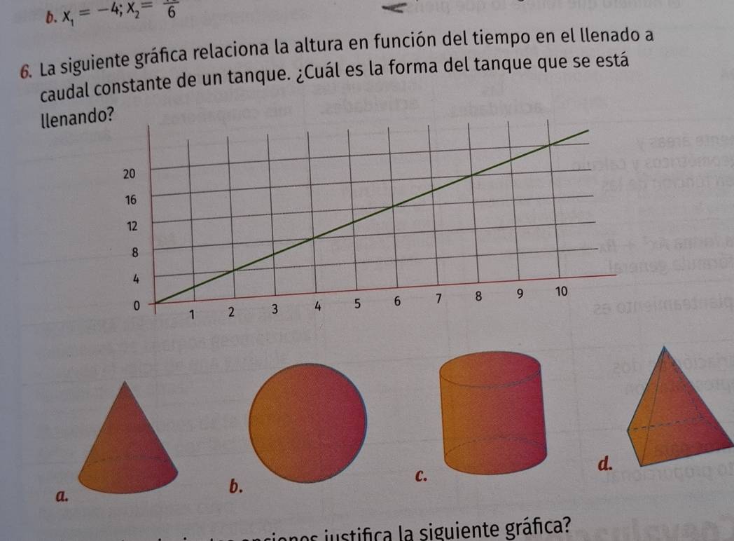 b. x_1=-4; x_2=frac 6
6. La siguiente gráfica relaciona la altura en función del tiempo en el llenado a
caudal constante de un tanque. ¿Cuál es la forma del tanque que se está
llenando?
C
d.
a
b.
nos justifica la siguiente gráfica?