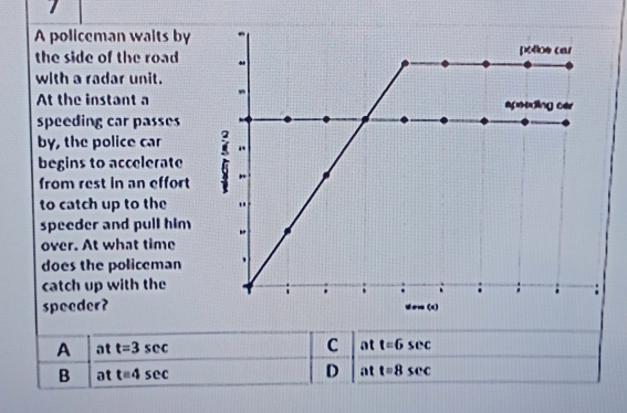 A policeman waits by
the side of the road 
with a radar unit.
At the instant a
speeding car passes
by, the police car
begins to accelerate
from rest in an effort
to catch up to the 
speeder and pull him 
over. At what time
does the policeman 
catch up with the
speeder?
A at t=3sec C at t=6sec
D
B at t=4sec at t=8sec