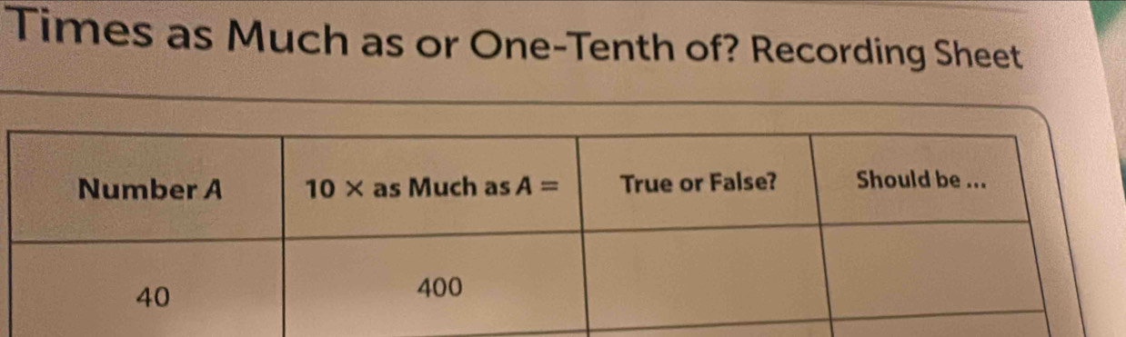 Times as Much as or One-Tenth of? Recording Sheet