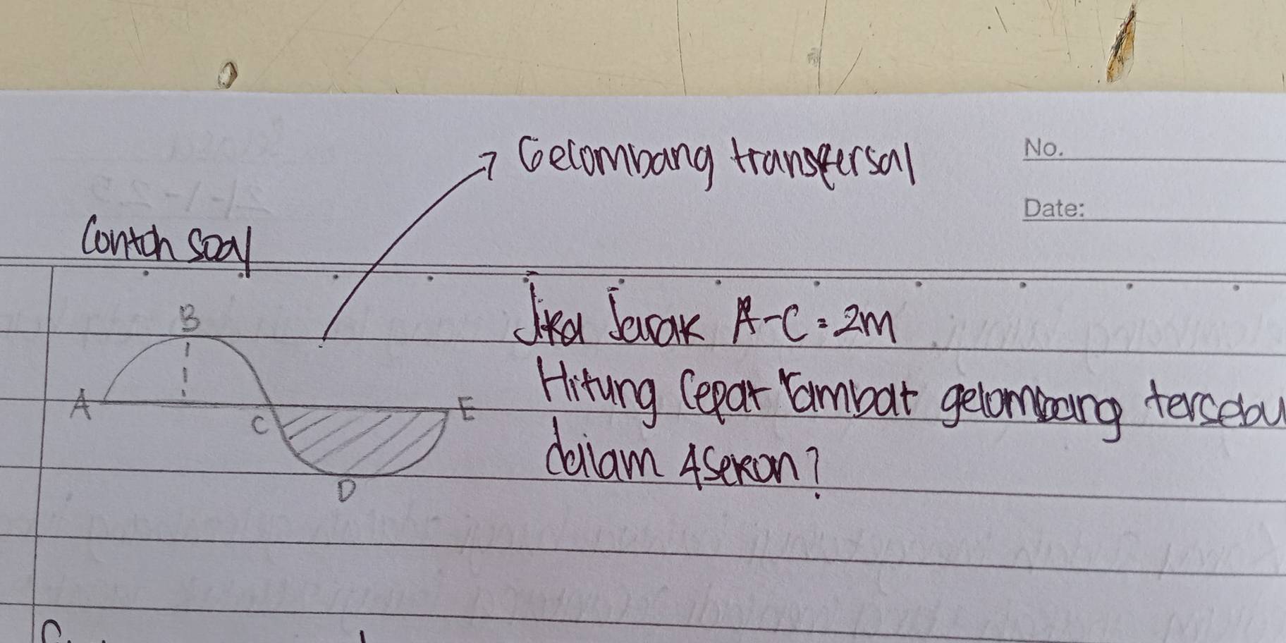 Gecombang transeersal 
contoh soal 
B 
Ira bcok A-C=2m
A 
E 
Hitung Cepar Fambur gelombang terselov 
C dalam Asexon? 
D