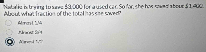 Natalie is trying to save $3,000 for a used car. So far, she has saved about $1,400.
About what fraction of the total has she saved?
Almost 1/4
Almost 3/4
Almost 1/2