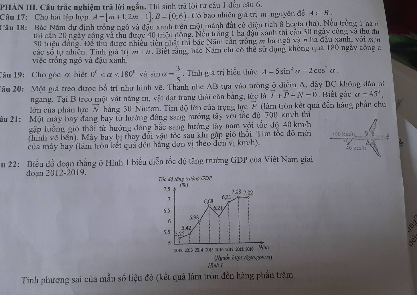 PHÀN III. Câu trắc nghiệm trả lời ngắn. Thí sinh trả lời từ câu 1 đến câu 6.
Câu 17: Cho hai tập hợp A=[m+1;2m-1],B=(0;6). Có bao nhiêu giá trị m nguyên đề A⊂ B.
Câu 18: Bác Năm dự định trồng ngô và đậu xanh trện một mảnh đất có diện tích 8 hecta (ha). Nếu trồng 1 ha n
thì cần 20 ngày cộng và thu được 40 triệu đồng. Nếu trồng 1 ha đậu xanh thì cần 30 ngày công và thu đu
50 triệu đồng. Đề thu được nhiều tiền nhất thì bác Năm cần trồng m ha ngô và n ha đậu xanh, với m;n
các số tự nhiên. Tính giá trị m+n. Biết rằng, bác Năm chỉ có thể sử dụng không quá 180 ngày công c
việc trồng ngô và đậu xanh.
Câu 19: Cho góc α biết 0° <180° và sin alpha = 3/5 . Tính giá trị biểu thức A=5sin^2alpha -2cos^2alpha .
Câu 20: Một giá treo được bố trí như hình vẽ. Thanh nhẹ AB tựa vào tường ở điểm A, dây BC không dãn nà
ngang. Tại B treo một vật nặng m, vật đạt trạng thái cân bằng, tức là vector T+vector P+vector N=vector 0. Biết góc alpha =45°,
lớn của phản lực vector N bằng 30 Niutơn. Tìm độ lớn của trọng lực P  (làm tròn kết quả đến hàng phần chụ
âu 21: Một máy bay đang bay từ hướng đông sang hướng tây với tốc độ 700 km/h thì
gặp luồng gió thổi từ hướng đông bắc sạng hướng tây nam với tốc độ 40 km/h
(hình vẽ bên). Máy bay bị thay đổi vận tốc sau khỉ gặp gió thổi. Tìm tốc độ mới 
của máy bay (làm tròn kết quả đến hàng đơn vị theo đơn vị km/h). 
ău 22: Biểu đồ đoạn thẳng ở Hình 1 biểu diễn tốc độ tăng trưởng GDP của Việt Nam giai
đoạn 2012-2019.
Tốc độ tăng trưởng GDP
7,5 (%)
7,08 7,02
7
6,68 6,81
6,5 6,21
6 5,98
5,42
te
5,5 5,25
5
pet
2012 2013 2014 2015 2016 2017 2018 2019 Năm
(Nguồn https://gso.gov.vn)
Hình 1
Tính phương sai của mẫu số liệu đó (kết quả làm tròn đền hàng phần trăm