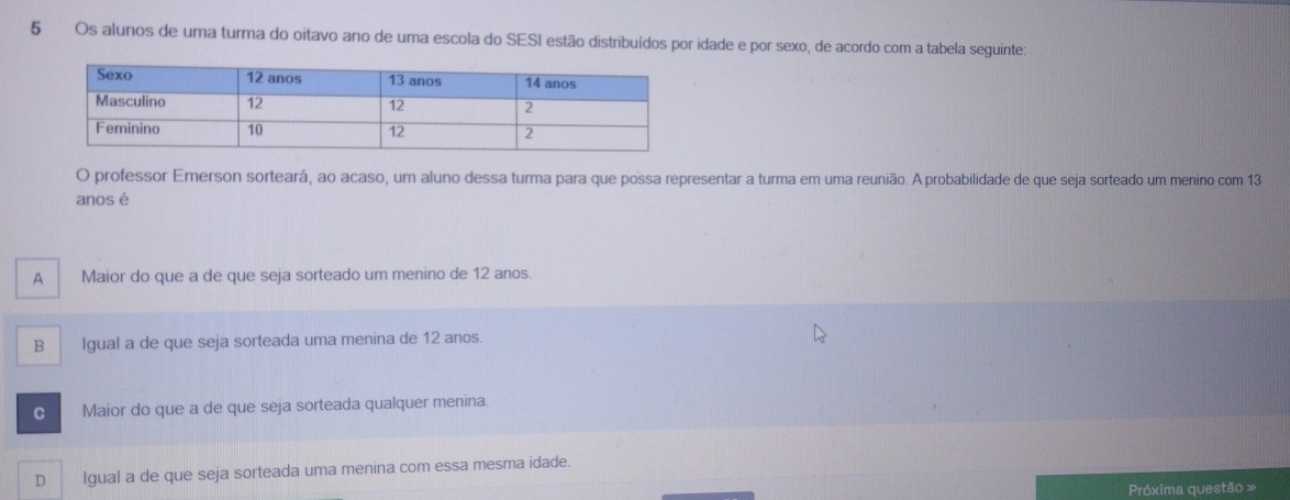 Os alunos de uma turma do oitavo ano de uma escola do SESI estão distribuídos por idade e por sexo, de acordo com a tabela seguinte:
O professor Emerson sorteará, ao acaso, um aluno dessa turma para que possa representar a turma em uma reunião. A probabilidade de que seja sorteado um menino com 13
anos é
A Maior do que a de que seja sorteado um menino de 12 anos.
B Igual a de que seja sorteada uma menina de 12 anos.
C Maior do que a de que seja sorteada qualquer menina.
D Igual a de que seja sorteada uma menina com essa mesma idade.
Próxima questão