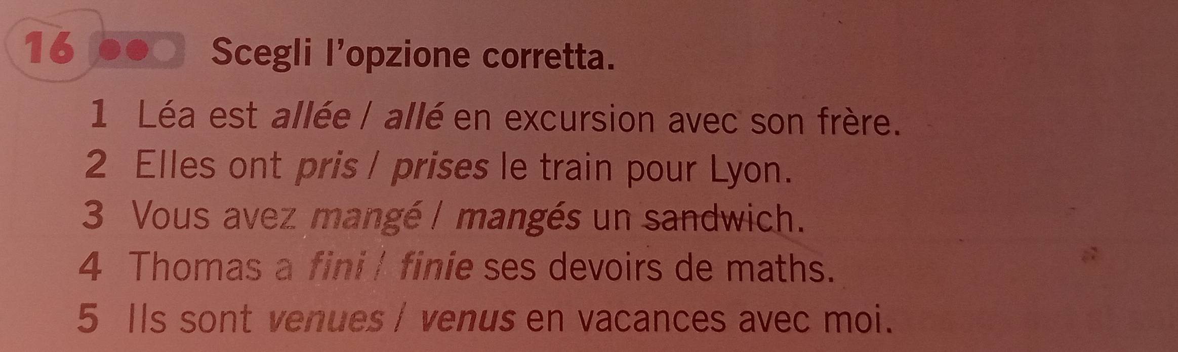 Scegli l’opzione corretta. 
1 Léa est allée | allé en excursion avec son frère. 
2 Elles ont pris / prises le train pour Lyon. 
3 Vous avez mangé | mangés un sandwich. 
4 Thomas a fini / finie ses devoirs de maths. 
5 Ils sont venues / venus en vacances avec moi.