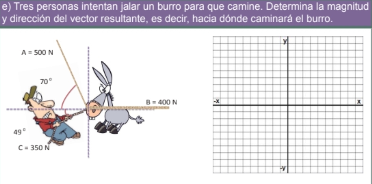 Tres personas intentan jalar un burro para que camine. Determina la magnitud
y dirección del vector resultante, es decir, hacia dónde caminará el burro.