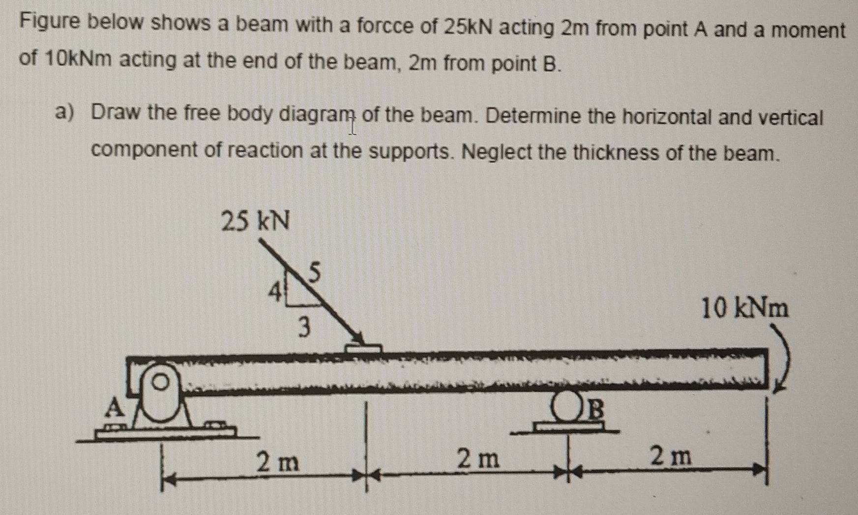 Figure below shows a beam with a forcce of 25kN acting 2m from point A and a moment 
of 10kNm acting at the end of the beam, 2m from point B. 
a) Draw the free body diagram of the beam. Determine the horizontal and vertical 
component of reaction at the supports. Neglect the thickness of the beam.