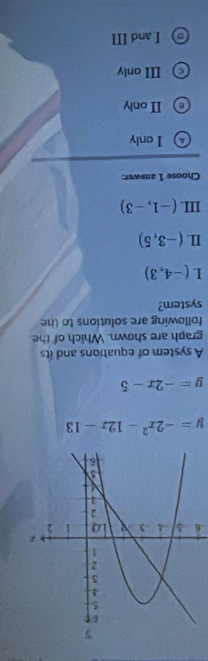 6
y=-2x^2-12x-13
y=-2x-5
A system of equations and its
graph are shown. Which of the
following are solutions to the
system?
L (-4,3)
II. (-3,5)
III. (-1,-3)
Choose 1 answer:
A) I only
I only
) Ⅲ only
) I and II