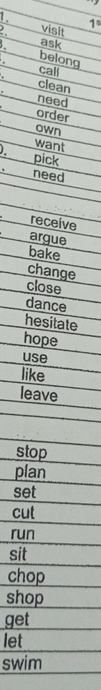 1°
visit 
ask 
belong 
call 
clean 
need 
order 
own 
want 
pick 
need 
receive 
argue 
bake 
change 
close 
dance 
hesitate 
hope 
use 
like 
leave 
stop 
plan 
set 
cut 
run 
sit 
chop 
shop 
get 
let 
swim