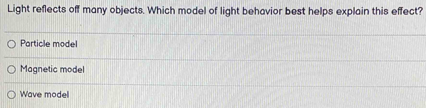 Solved: Light reflects off many objects. Which model of light behavior ...