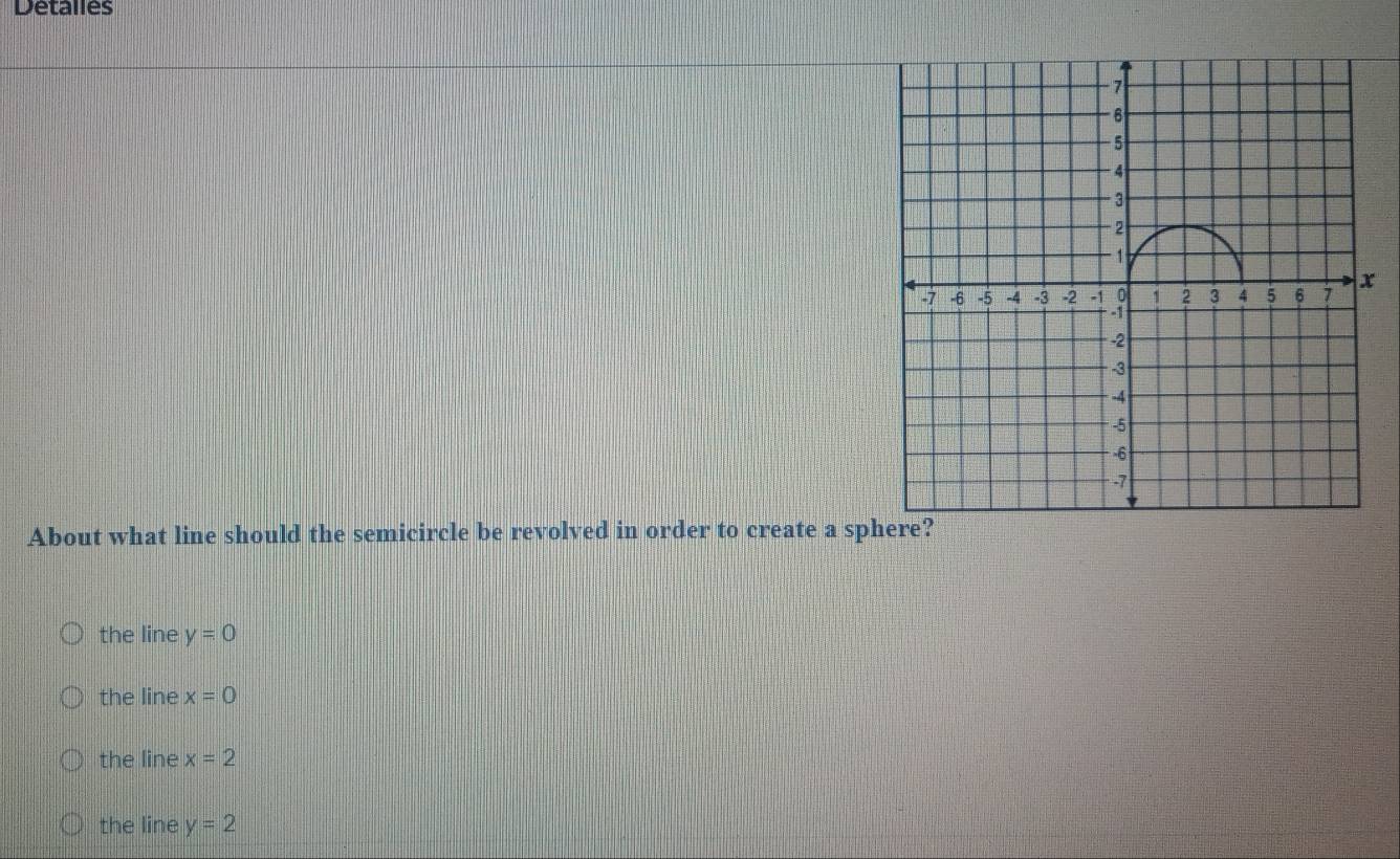 Detalles
About what line should the semicircle be revolved in order to create a sphere?
the line y=0
the line x=0
the line x=2
the line y=2