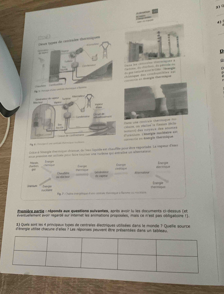 Animation 

4 
_ 
D 
Dans les centrales thermiques à 
o 
flamme, du charbon, du pétrole ou 
du gaz naturel sont brûles : l'énergie 
D 
ertie en énergie thermique. 
chimique des combustibles est 
ne centrale thermique à flae 
Dans une centrale th 
cléaire, on réalise la fission (écla- 
tement) des noyaux des atomes 
d'uranium. L'énergie nucléaire est 
Flg. 6 : Principe d'une centrale thermique nucléaie.convertie en énergie thermique. 
Grâce à l'énergie thermique obtenue, de l'eau liquide est chauffée pour être vaporisée. La vapeur d'eau 
sous pression est utilisée pour faire tourner une turbine qui entraîne un alternateur. 
Pétrofe Energie 
charbon. chimique Energie Energie Energie 
electrique 
gaz thermique Générateur cinétique Alternateur 
Chaudière 
ou réacteur de vapeur 
Énergie 
Uranium Energie thermique 
nucléaire 
Fig. 7 : Chaine énergétique d'une centrale thermique a flamme ou nucléaire. 
Première partie : réponds aux questions suivantes, après avoir lu les documents ci-dessus (et 
éventuellement avoir regardé sur internet les animations proposées, mais ce n'est pas obligatoire !). 
1) Quels sont les 4 principaux types de centrales électriques utilisées dans le monde ? Quelle source 
d'énergie utilise chacune d'elles ? Les réponses peuvent être présentées dans un tableau.