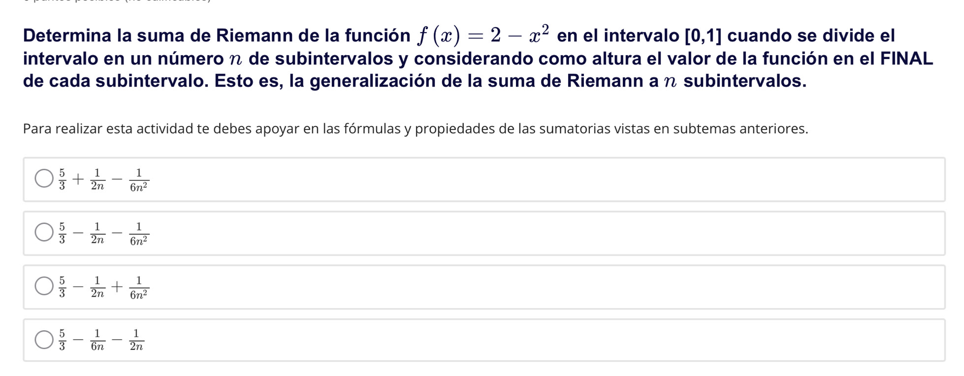 Resuelto:Determina la suma de Riemann de la función f(x)=2-x^2 en el ...