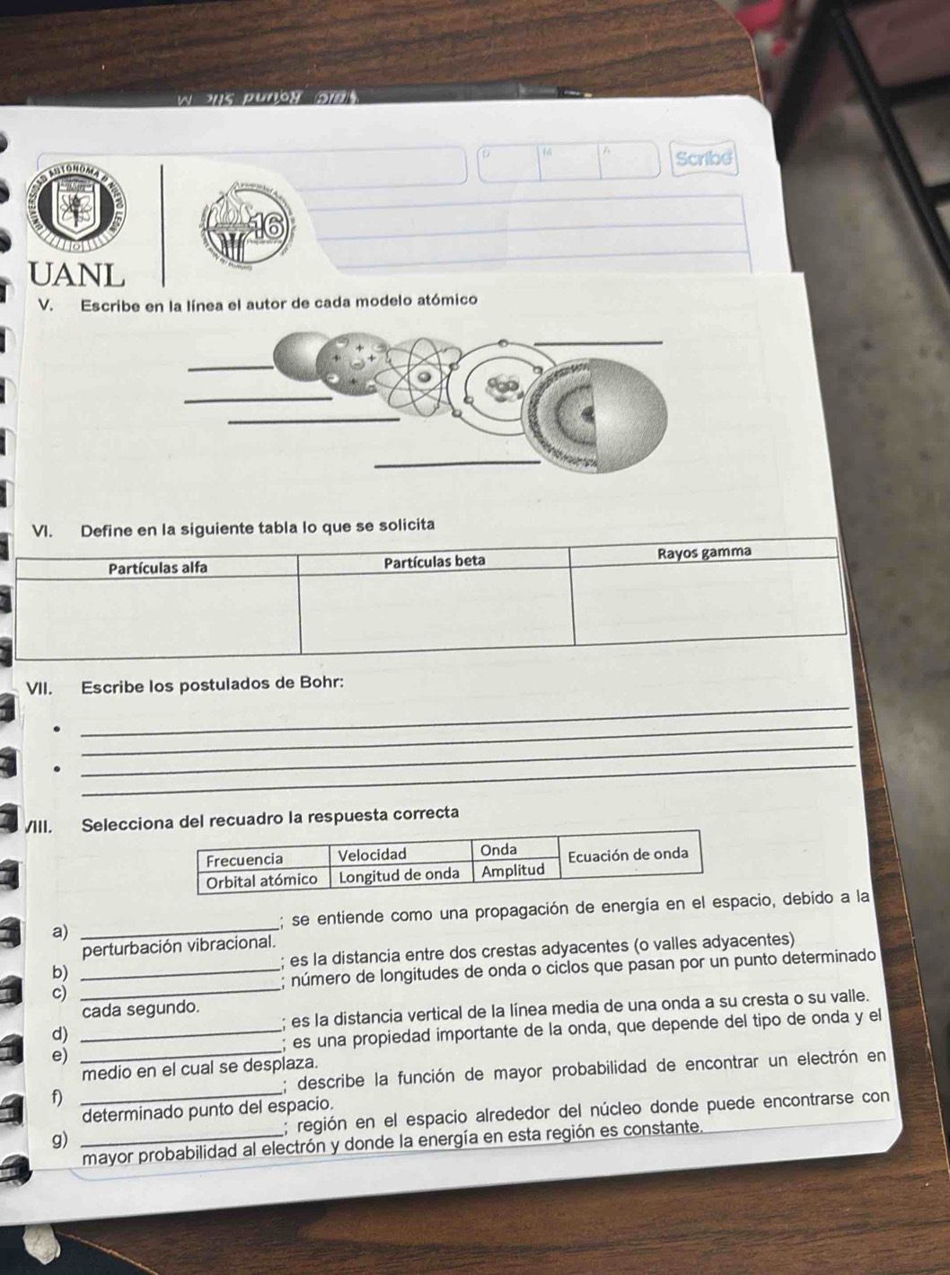 hs punoy sm 
16 
Scribe 
UANL 
V. Escribe en la línea el autor de cada modelo atómico 
VI. Define en la siguiente tabla lo que se solicita 
Partículas alfa Partículas beta Rayos gamma 
VII. Escribe los postulados de Bohr: 
. 
_ 
_ 
. 
_ 
_ 
VIII. Selecciona del recuadro la respuesta correcta 
a) _; se entiende como una propagación de energía en el espacio, debido a la 
perturbación vibracional. 
b) ; es la distancia entre dos crestas adyacentes (o valles adyacentes) 
c) __; número de longitudes de onda o ciclos que pasan por un punto determinado 
cada segundo. 
; es la distancia vertical de la línea media de una onda a su cresta o su valle. 
d)_ 
;es una propiedad importante de la onda, que depende del tipo de onda y el 
e)_ 
medio en el cual se desplaza. 
; describe la función de mayor probabilidad de encontrar un electrón en 
f) 
determinado punto del espacio. 
g) __; región en el espacio alrededor del núcleo donde puede encontrarse con 
mayor probabilidad al electrón y donde la energía en esta región es constante.