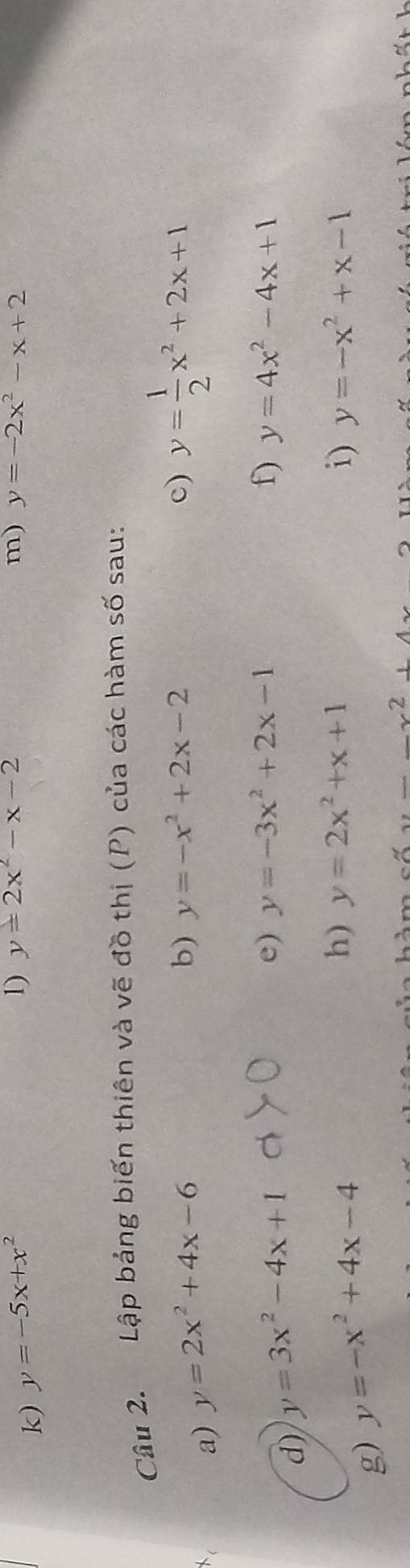 y=-5x+x^2
1) y=2x^2-x-2 m) y=-2x^2-x+2
Câu 2. Lập bảng biến thiên và vẽ đồ thị (P) của các hàm số sau: 
a) y=2x^2+4x-6
b) y=-x^2+2x-2 c) y= 1/2 x^2+2x+1
d) y=3x^2-4x+1
e) y=-3x^2+2x-1 f) y=4x^2-4x+1
g) y=-x^2+4x-4
h) y=2x^2+x+1 i) y=-x^2+x-1
y=_ x^2
2