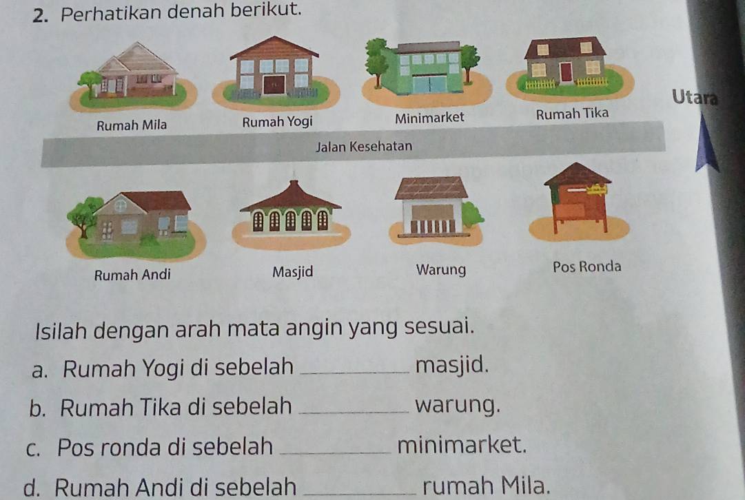 Perhatikan denah berikut. 
Utara 
Rumah Mila Rumah Yogi Minimarket Rumah Tika 
Jalan Kesehatan 
Rumah Andi Masjid Warung Pos Ronda 
Isilah dengan arah mata angin yang sesuai. 
a. Rumah Yogi di sebelah _masjid. 
b. Rumah Tika di sebelah _warung. 
c. Pos ronda di sebelah _minimarket. 
d. Rumah Andi di sebelah _rumah Mila.