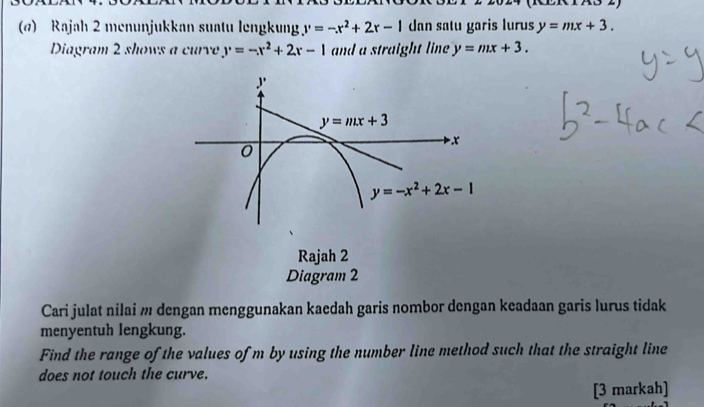 (RER TAS 2)
(@) Rajah 2 menunjukkan suatu lengkung y=-x^2+2r-1 dan satu garis lurus y=mx+3.
Diagram 2 shows a curve y=-x^2+2x-1 and a straight line y=mx+3.
Rajah 2
Diagram 2
Cari julat nilai m dengan menggunakan kaedah garis nombor dengan keadaan garis lurus tidak
menyentuh lengkung.
Find the range of the values of m by using the number line method such that the straight line
does not touch the curve.
[3 markah]