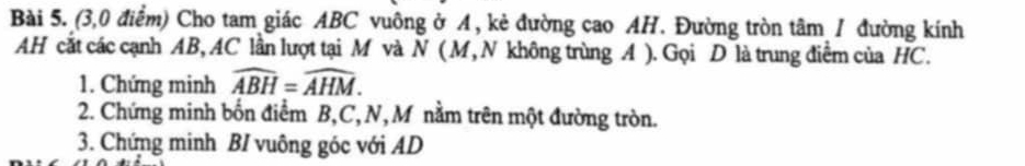 (3,0 điểm) Cho tam giác ABC vuông ở A, kẻ đường cao AH. Đường tròn tâm / đường kính 
AH cắt các cạnh AB, AC lần lượt tại M và N ( M, N không trùng A ). Gọi D là trung điểm của HC. 
1. Chứng minh widehat ABH=widehat AHM. 
2. Chứng minh bốn điểm B, C, N, M nằm trên một đường tròn. 
3. Chứng minh BI vuông góc với AD