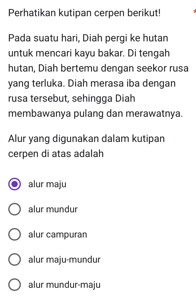 Perhatikan kutipan cerpen berikut!
*
Pada suatu hari, Diah pergi ke hutan
untuk mencari kayu bakar. Di tengah
hutan, Diah bertemu dengan seekor rusa
yang terluka. Diah merasa iba dengan
rusa tersebut, sehingga Diah
membawanya pulang dan merawatnya.
Alur yang digunakan dalam kutipan
cerpen di atas adalah
alur maju
alur mundur
alur campuran
alur maju-mundur
alur mundur-maju