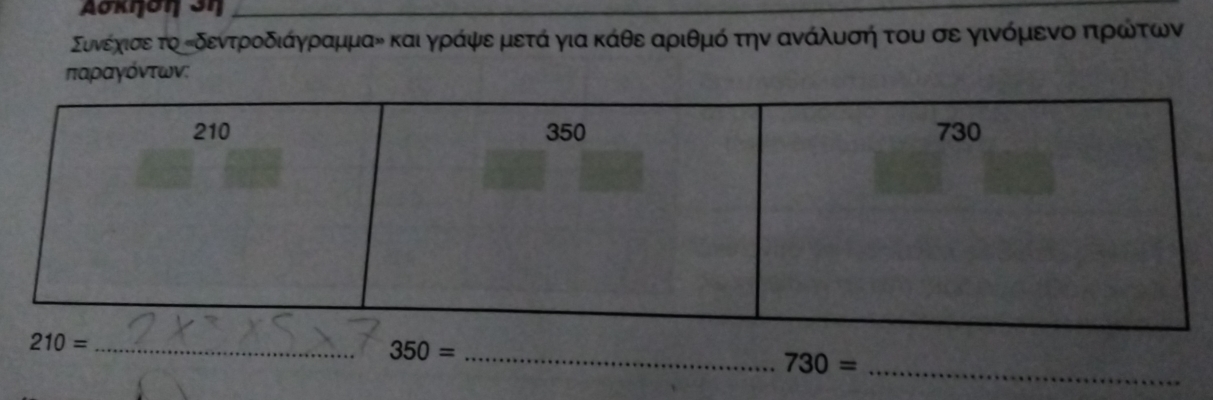 Ασκηση ση
ΣυνέηισεατοαΡδεντροδιάγηραμμαν καιγράψφνερμετάαγια κάθε αριθμόοτην ανάίλουονσηήην του σε γινόμενοο πηρίωίτων
παραγόντων:
350= _
730= _