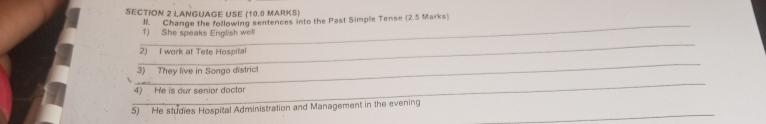 LANGUAGE USE (10.0 MARKS) 
_ 
II. Change the following sentences into the Past Simple Tense (2.5 Marks) 
1) She speaks English well 
_ 
2) I work at Tele Hospital 
_ 
3) They live in Songo district 
_ 
4) He is our senior dactor 
_ 
5) He studies Hospital Administration and Management in the evening